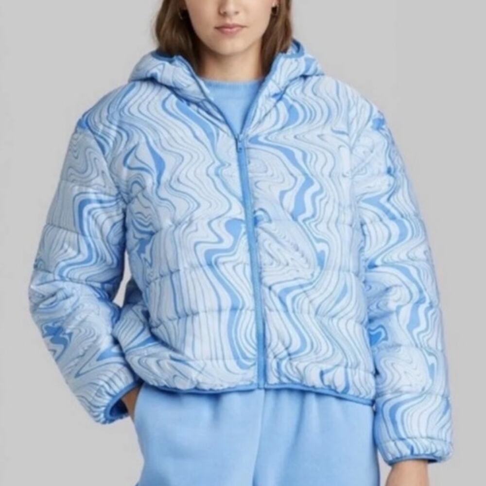 Wild Fable Blue Marble Hooded Puffer Jacket Sz S NWT